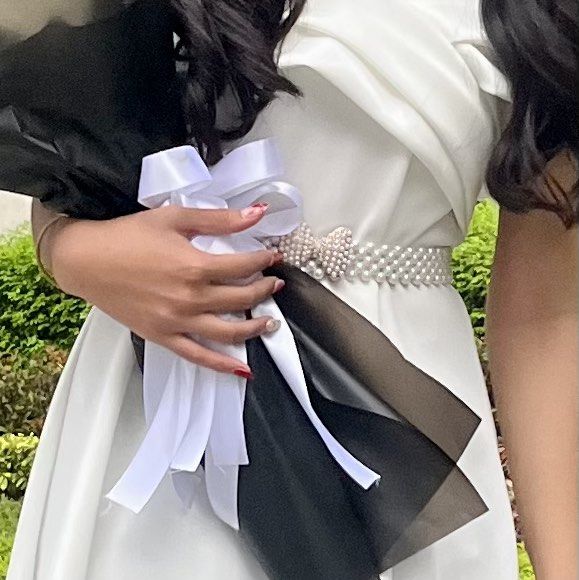 Ribbon Pearl Belt (Category: Belts) located in Cavite. Submitted by blarix (Listing ID 1322792748, Image 3). Description: Ribbon Pearl Belt - adjustable & gatherized 😉 - ribbon, gold, & pearl design - used only once (graduation event) - it has a hook at the back of the ribbon .