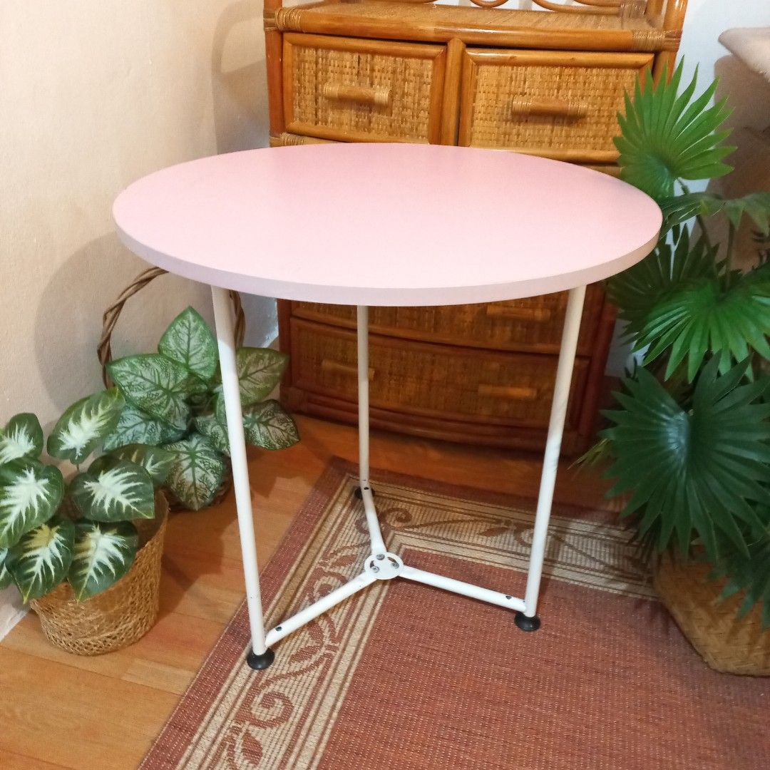 Minimalist Round pink coffee table side table center table (Category: Tables & Sets) located in Dasmarinas. Submitted by millennialmeetsvintage (Listing ID 1322796169, Image 3). Description: material: laminated mdf top and steel base well made sturdy and durable super cute light pink color 🎀 H 55 x D 55 cm last price posted 📌 shipping via lalamove only 📌 no reservations, first-to-pay basis 📌 no physical store, no walk-ins 📌 ships from dasma 