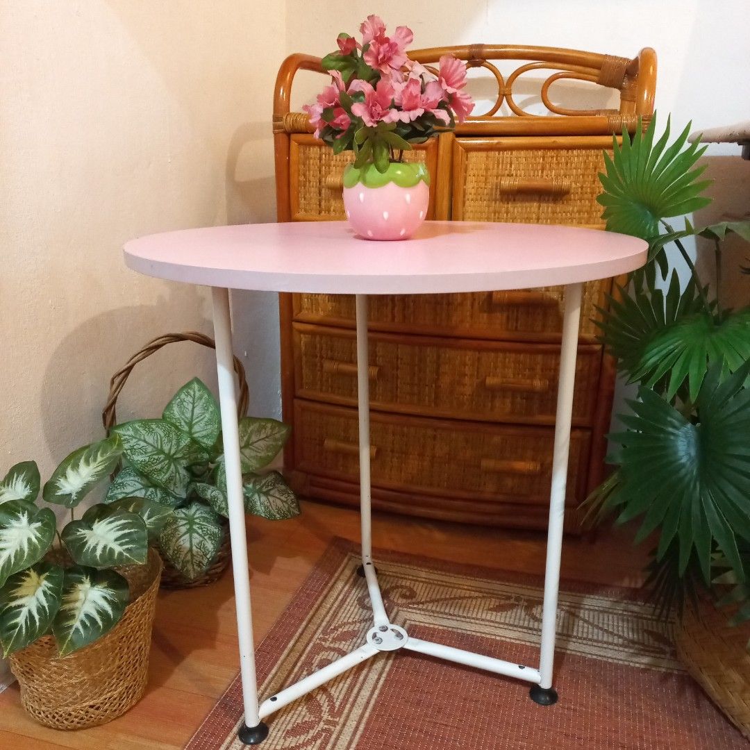 Minimalist Round pink coffee table side table center table (Category: Tables & Sets) located in Dasmarinas. Submitted by millennialmeetsvintage (Listing ID 1322796169, Image 2). Description: material: laminated mdf top and steel base well made sturdy and durable super cute light pink color 🎀 H 55 x D 55 cm last price posted 📌 shipping via lalamove only 📌 no reservations, first-to-pay basis 📌 no physical store, no walk-ins 📌 ships from dasma 