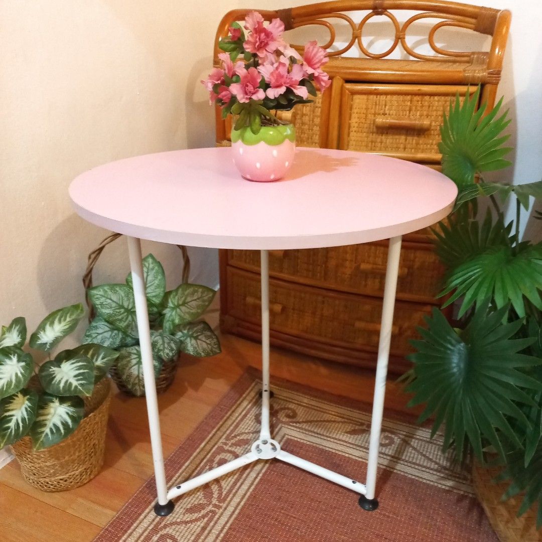 Minimalist Round pink coffee table side table center table (Category: Tables & Sets) located in Dasmarinas. Submitted by millennialmeetsvintage (Listing ID 1322796169, Image 1). Description: material: laminated mdf top and steel base well made sturdy and durable super cute light pink color 🎀 H 55 x D 55 cm last price posted 📌 shipping via lalamove only 📌 no reservations, first-to-pay basis 📌 no physical store, no walk-ins 📌 ships from dasma 