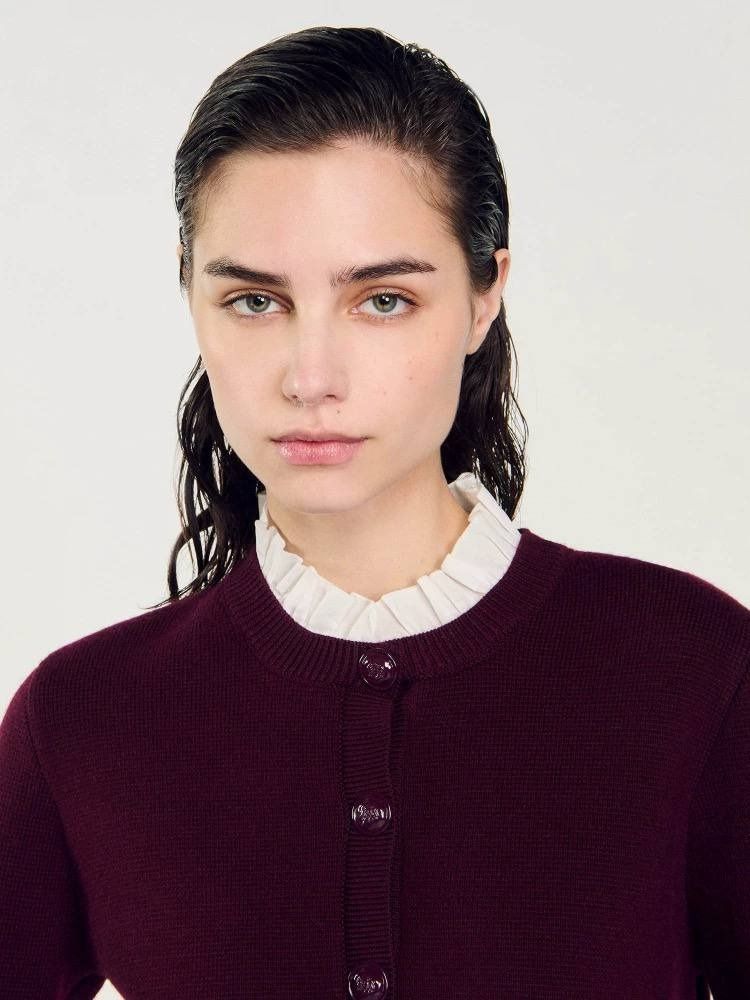 Sandro Knit Cardigan with Detachable Ruffled Collar in Burgundy Red Wool Blend Women s Fashion Coats Jackets and Outerwear on Carousell
