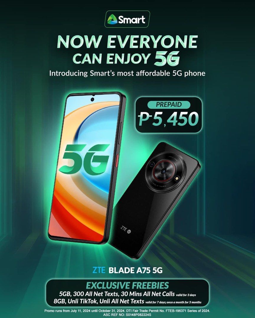SMART ZTE BLADE A75 (Category: Android Others) located in Paranaque City. Submitted by alsalenga77 (Listing ID 1322810282, Image 1). Description: Experience the future with the power of 5G! 🚀 Get your hands on Smart’s most affordable 5G phone – the ZTE Blade A75 5G. Available for only Php5,450 with Smart Prepaid. Get yours now at select Smart Stores and partner retailer stores nationwide. #Smart5GForAll .