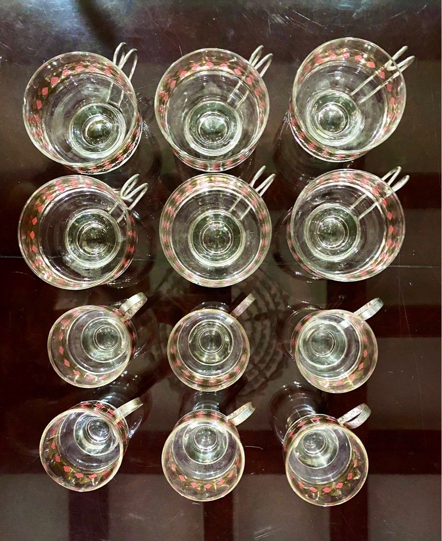 Vintage Glass Mugs 12pcs Set (Category: Coffee & Tea Tableware) located in Quezon City. Submitted by hellodiva (Listing ID 1322795088, Image 3). Description: Vintage Glass Mugs 12 pcs Set 6 Small Cups ( 7cm height x 6.5cm diameter) 6 Large Cups ( 7cm height x 9cm diameter) 4/5pcs w/ some rust on handles. 3pcs with small chip on side. 7/10 condition 📌If it’s posted, it’s still available ❌No Bogus Buyers Please!.