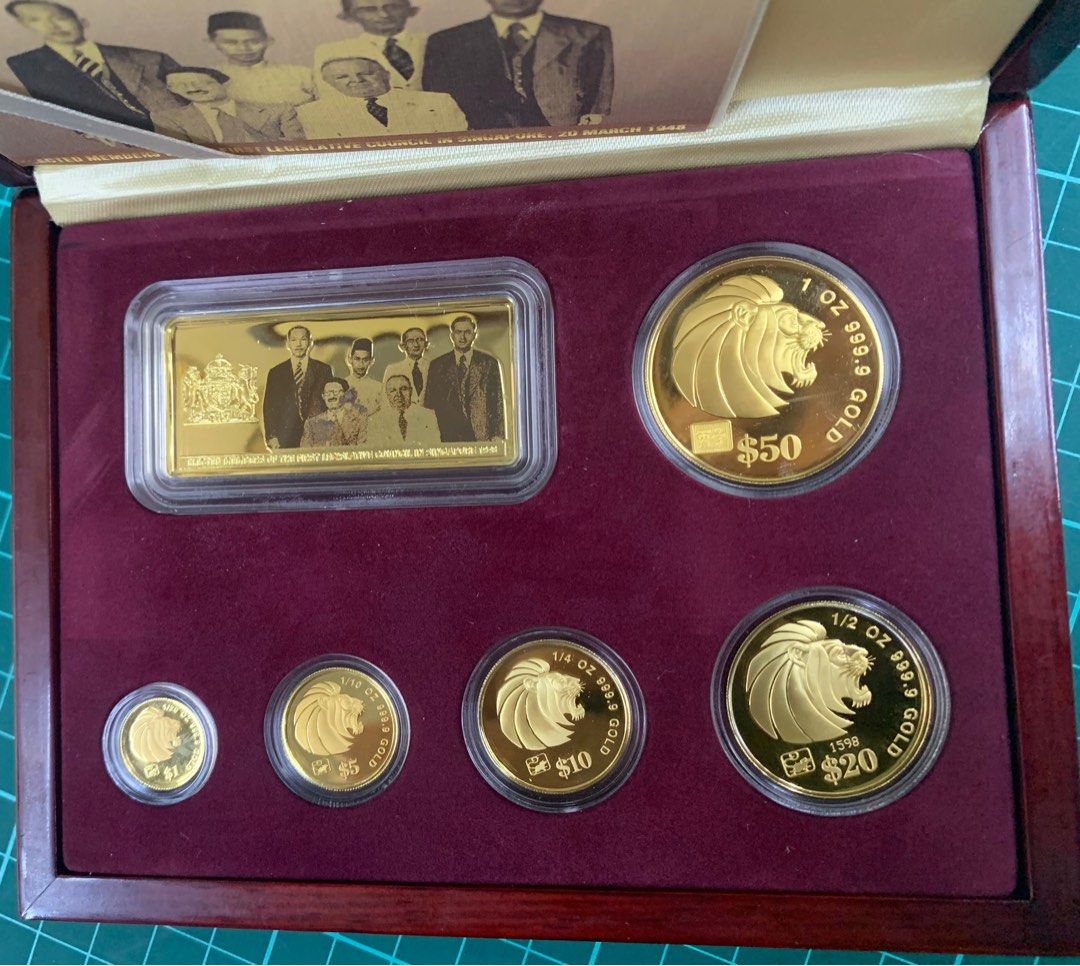 1996 SG LION Gold Proof coin set ( 5pcs gold coin total 1.9oz 999.9 fine  gold + 1pc 20g silver ingot , come with original box and certificate),  Hobbies & Toys, Memorabilia