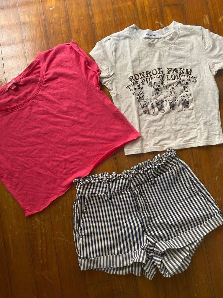 ALL FOR 4 FOREVER 21 BERSHKA shorts denim crop top t shirt tee top bottom bottoms pink dog grey blue Children kids kid girl small child shorts