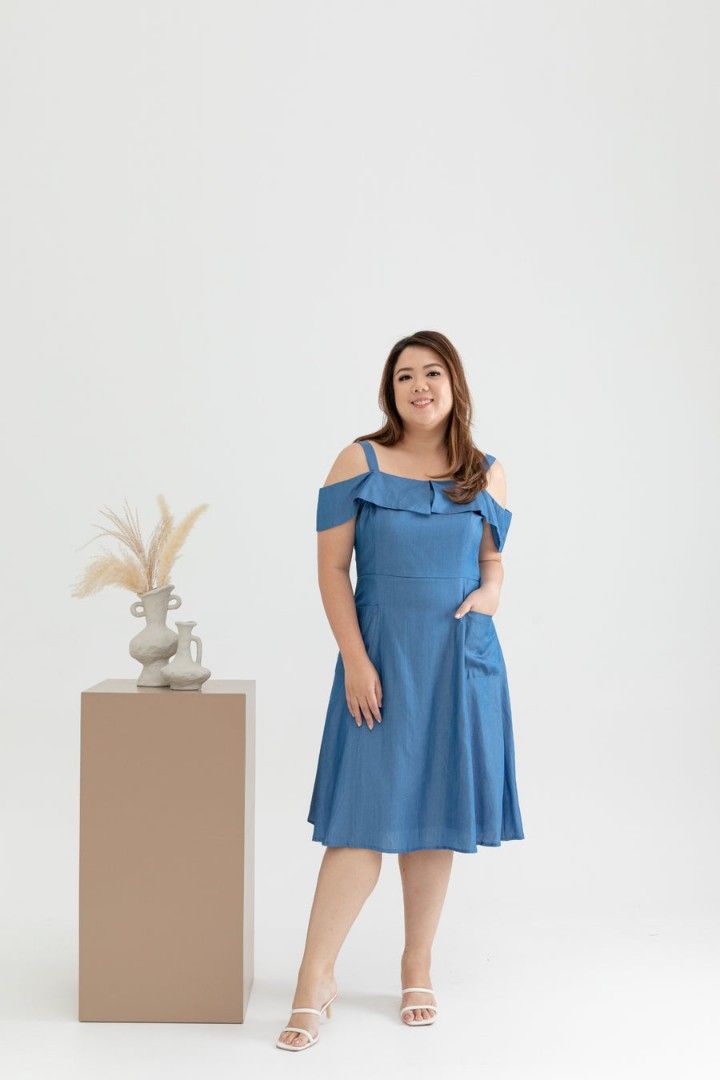 Casual Cold Shoulder Dress Pastel Blue UK 22Front Pockets Cold Shoulder Midi Dress Denim Blue UK 22