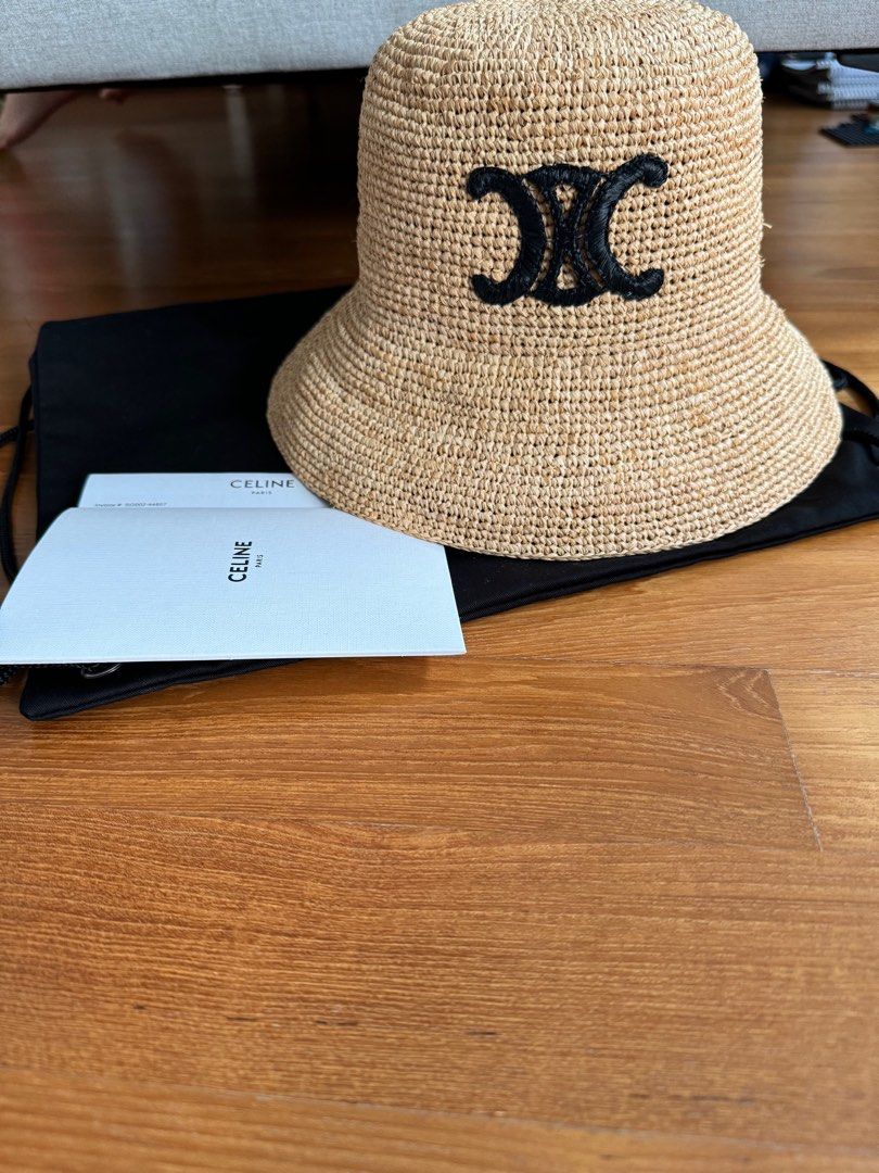 Celine Triomphe Bucket Hat Raffia, Luxury, Accessories on
