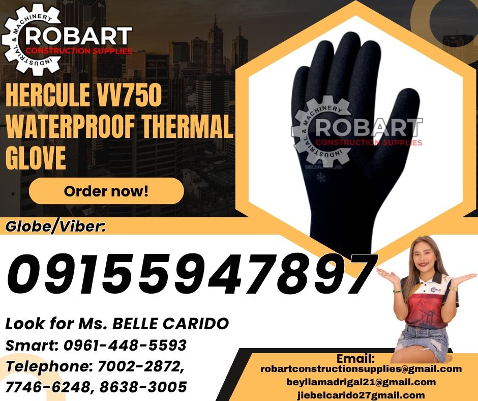 HERCULE VV750 Waterproof , thermal glove (Category: Construction Tools & Equipment) located in Manila. Submitted by bellarobart (Listing ID 1322956272, Image 1). Description: HERCULE VV750 Waterproof , thermal glove up to mid-back, providing comfort and warmth retention for applications in extreme cold environments Brand: Deltaplus 𝑹𝑶𝑩𝑨𝑹𝑻 𝑪𝑶𝑵𝑺𝑻𝑹𝑼𝑪𝑻𝑰𝑶𝑵 𝑺𝑼𝑷𝑷𝑳𝑰𝑬𝑺 Office Address: 1405 Yuseco St. Sta Cruz Manila SEND US MESSA