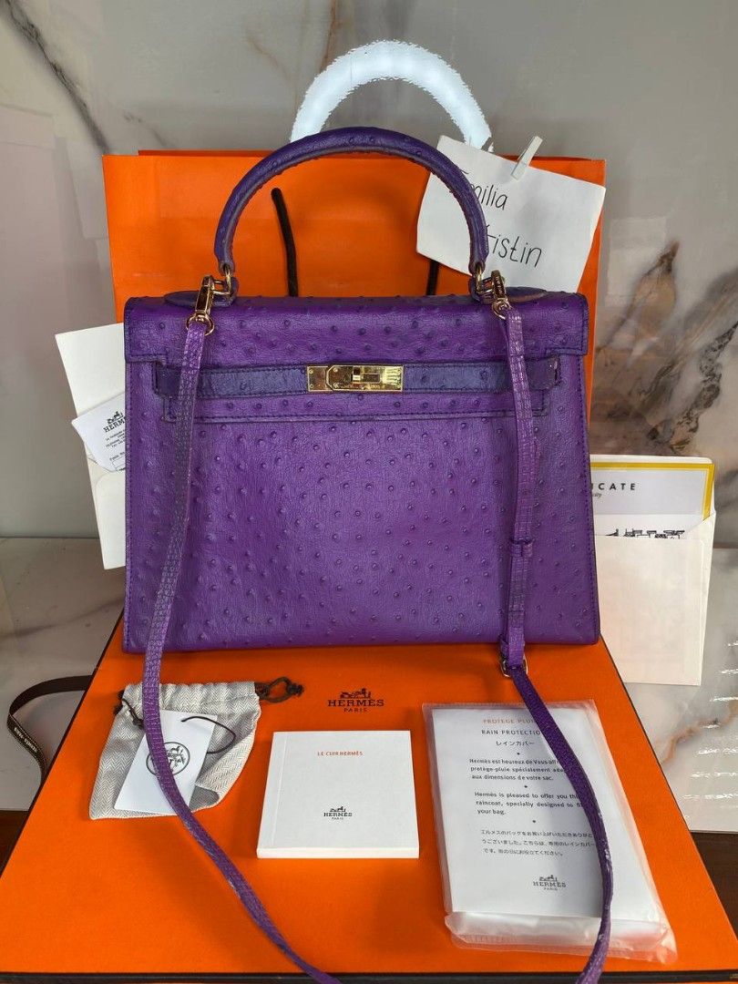 Preloved rec 2017 Kelly 28 Bag Violet Ostrich GHW RARE authentic