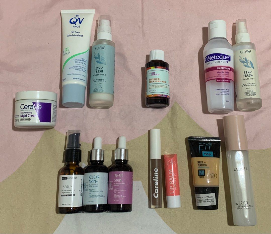 Skin care/ make up decluttering (Category: Face Care) located in Calamba. Submitted by prelovedbyj7 (Listing ID 1322921505, Image 1). Description: I can sell individually. - QV face Moisturizer - Ellena Products: 1. Stay Fresh Moisturizer 2. Stay Fresh Multi Mist 3. Even Skin Serum 4. Clear Skin Serum - Good Molecules Niacinamide Brightening Toner - Dermorepubliq Niacinamide Serum - Celeteque Micellar Milk - Careline Brow Fiber - Zeesea make up s