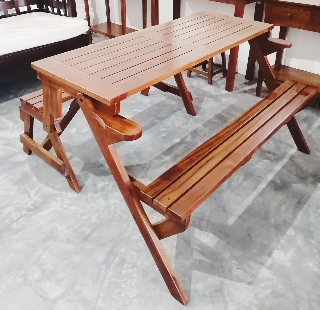 Solid Teak Magic Foldable Picnic Bench and Table, Furniture & Home ...