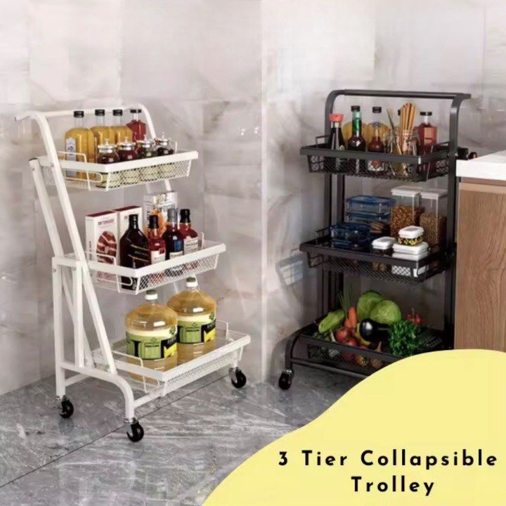3 Tier Collapsible Trolley Multilayered Shelf With Wheels Kitchen Shelf Rack Spice Rack