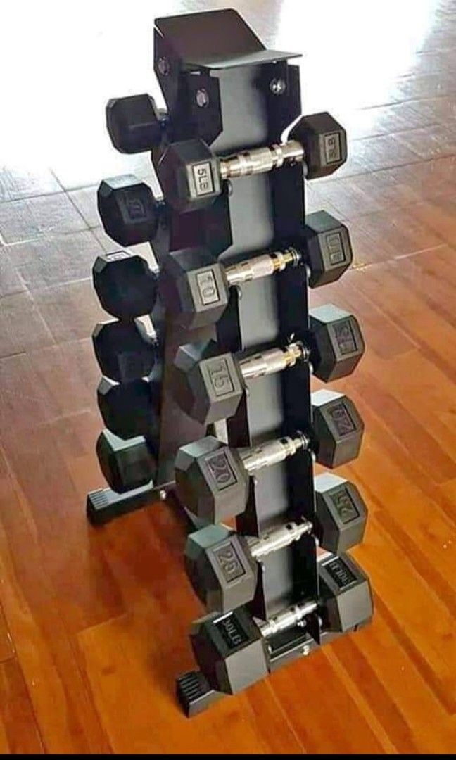 5to30lbs hexagonal rubberized dumbbell set with tree rack (Category: Weights & Dumbbells) located in Valenzuela. Submitted by carlo_023 (Listing ID 1318248526, Image 1). Description: .