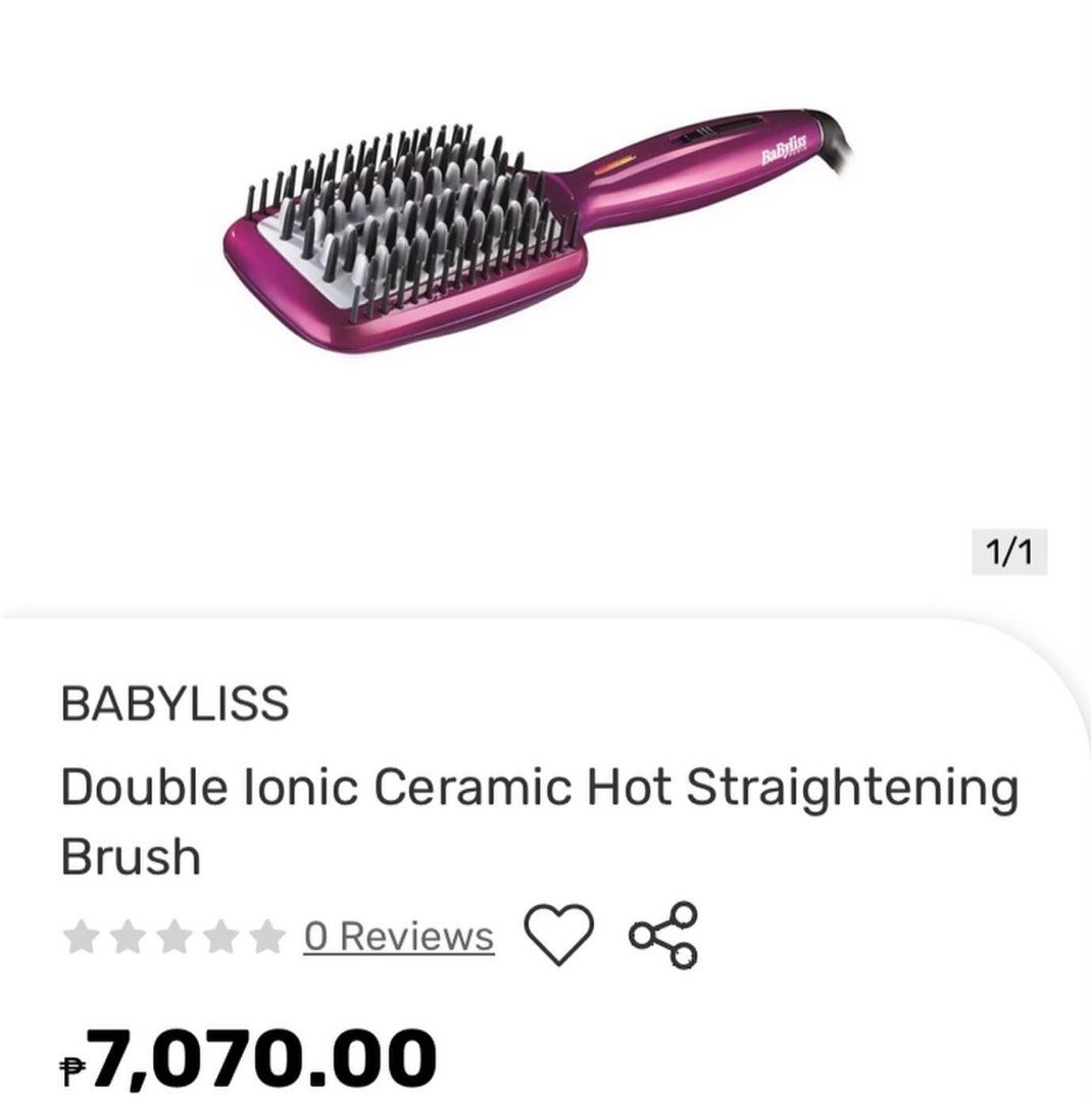 Babyliss Double Ionic Ceramic Hair Straightening Brush (Category: Hair) located in Quezon City. Submitted by decluttering25 (Listing ID 1318162026, Image 3). Description: Complete with mat and velvet case Straightens while keeping the hair soft and smooth 220v Last photo for price reference only.