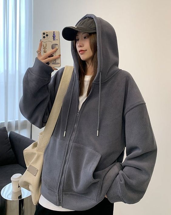 Forever 21 Oversized Zip Through Hoodie Dark Gray