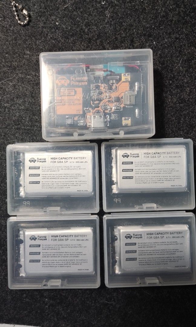 FunnyPlaying Batteries for Gameboy Advance & SP (Category: Nintendo) located in Manila. Submitted by retrohere.gb (Listing ID 1318200650, Image 1). Description: For Sale FunnyPlaying Batteries 🤝GBA SP 3.7 950 mAh LiPo (8-10 Hours Playtime) Price: 1,300 Php Each (4 pcs Available) 🤝GBA Li-Ion Rechargeable Battery USB-C Module 1x USB-C Module Board 1x 1800 mAH Battery（obtained in the actual test） 1x Cooling Copper 1x USB-C Battery Cover Price: 2,2