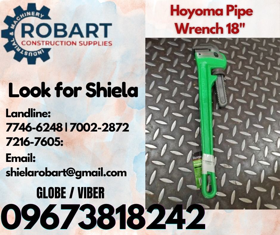 Hoyoma Pipe Wrench 18" (Category: Construction Tools & Equipment) located in Caloocan City. Submitted by shielaroba44709 (Listing ID 1318084554, Image 1). Description: Hoyoma Pipe Wrench 18" 𝑹𝑶𝑩𝑨𝑹𝑻 𝑪𝑶𝑵𝑺𝑻𝑹𝑼𝑪𝑻𝑰𝑶𝑵 𝑺𝑼𝑷𝑷𝑳𝑰𝑬𝑺 Office Address: 1405 Yuseco St. Sta Cruz Manila SEND US MESSAGE FOR INQUIRIES ‼️ ‼️ Call: 09673818242 / 09662708845 Vibr - (09673818242) Landline: (𝟩𝟩𝟦𝟨-𝟨𝟤𝟦𝟪) / (𝟩𝟢𝟢𝟤-𝟤𝟪𝟩𝟤) / (𝟩𝟤𝟣𝟨-𝟩�