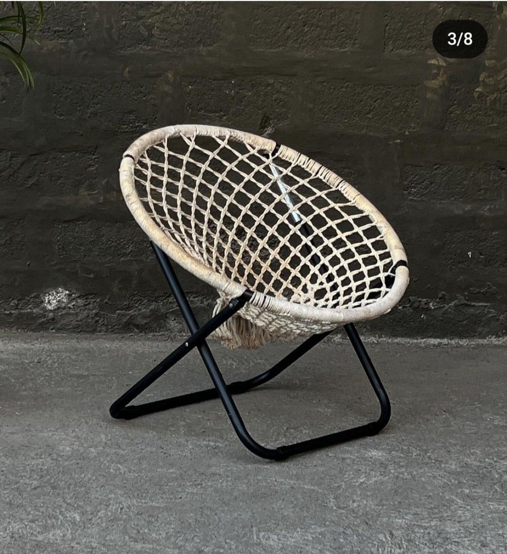 Macrame Folding Moon Chair (Category: Chairs) located in Guiguinto. Submitted by eypee_knows (Listing ID 1318228381, Image 1). Description: Macrame Folding Moon Chair 29.5 Diameter H- 29 Seat H- 15 In good used condition Shop Loc: Cruz Mercado Guiguinto Bulacan Ship thru: Toktok/Lalamove or Drop & Go Victory.