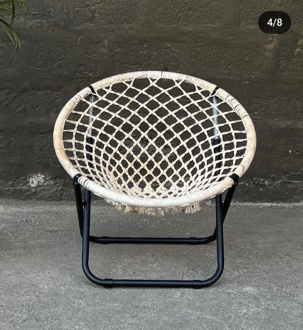 Macrame Folding Moon Chair (Category: Chairs) located in Guiguinto. Submitted by eypee_knows (Listing ID 1318228381, Image 2). Description: Macrame Folding Moon Chair 29.5 Diameter H- 29 Seat H- 15 In good used condition Shop Loc: Cruz Mercado Guiguinto Bulacan Ship thru: Toktok/Lalamove or Drop & Go Victory.