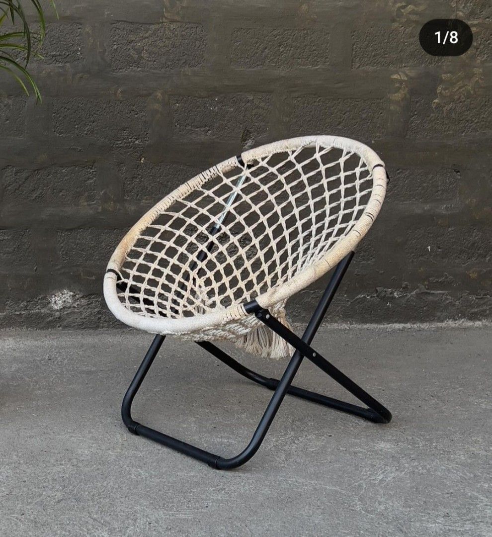 Macrame Folding Moon Chair (Category: Chairs) located in Guiguinto. Submitted by eypee_knows (Listing ID 1318228381, Image 3). Description: Macrame Folding Moon Chair 29.5 Diameter H- 29 Seat H- 15 In good used condition Shop Loc: Cruz Mercado Guiguinto Bulacan Ship thru: Toktok/Lalamove or Drop & Go Victory.