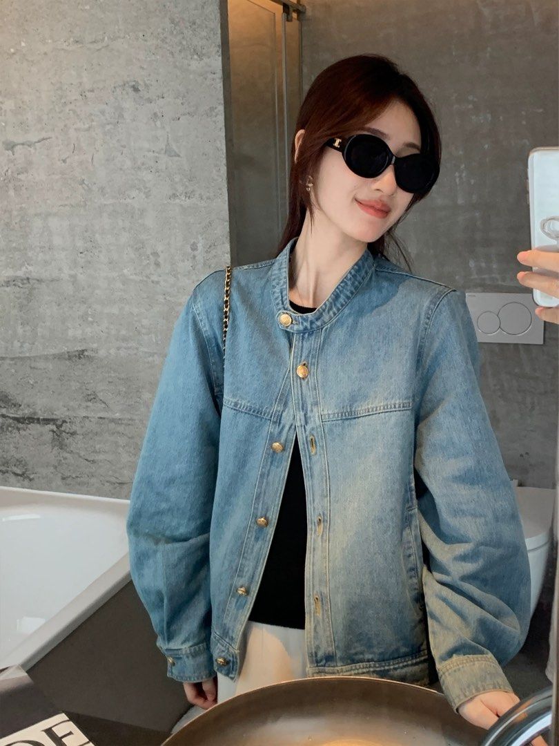 Round collar denim jacket store