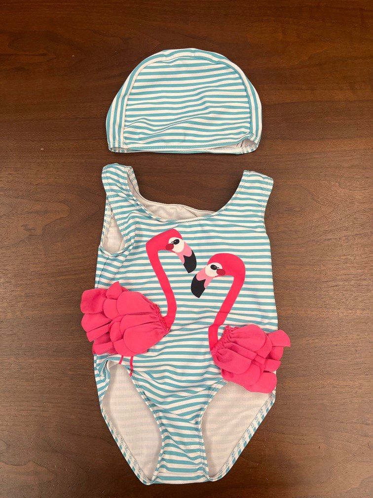 Mothercare baby girl flamingo swim wear with swim cap Size 90