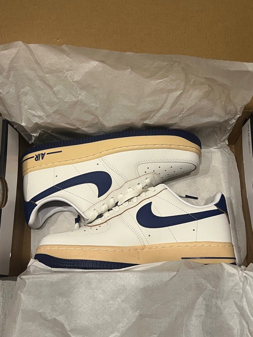Nike Air Force 1 '07 (Category: Sneakers) located in Quezon City. Submitted by declatter (Listing ID 1318159450, Image 2). Description: 100% Authentic Got it from nike Philippines website for 6,195 pesos Given to me as grad. gift RFS: Need funds Color: Sail/Pale Vanilla/Gold Suede/Deep Royal Blue Size US 7 24 cm.