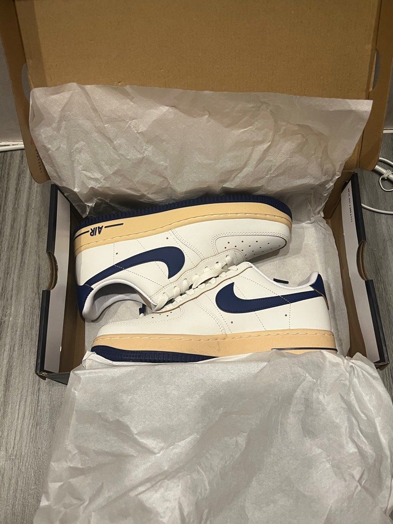 Nike Air Force 1 '07 (Category: Sneakers) located in Quezon City. Submitted by declatter (Listing ID 1318159450, Image 1). Description: 100% Authentic Got it from nike Philippines website for 6,195 pesos Given to me as grad. gift RFS: Need funds Color: Sail/Pale Vanilla/Gold Suede/Deep Royal Blue Size US 7 24 cm.