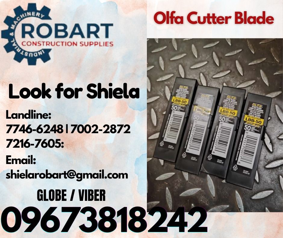 Olfa Cutter Blade (Category: Construction Tools & Equipment) located in Caloocan City. Submitted by shielaroba44709 (Listing ID 1318078826, Image 1). Description: Olfa Cutter Blade LBB-50 𝑹𝑶𝑩𝑨𝑹𝑻 𝑪𝑶𝑵𝑺𝑻𝑹𝑼𝑪𝑻𝑰𝑶𝑵 𝑺𝑼𝑷𝑷𝑳𝑰𝑬𝑺 Office Address: 1405 Yuseco St. Sta Cruz Manila SEND US MESSAGE FOR INQUIRIES ‼️ ‼️ Call: 09673818242 / 09662708845 Vibr - (09673818242) Landline: (𝟩𝟩𝟦𝟨-𝟨𝟤𝟦𝟪) / (𝟩𝟢𝟢𝟤-𝟤𝟪𝟩𝟤) / (𝟩𝟤𝟣𝟨-𝟩𝟨𝟢