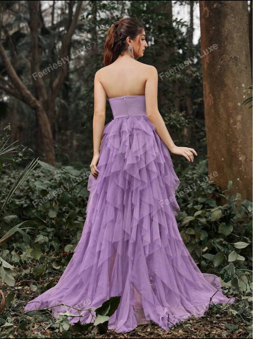 SHEIN MESH OVERLAY HEM SPLIT TUBE DRESS, Women's Fashion, Dresses & Sets,  Evening dresses & gowns on Carousell