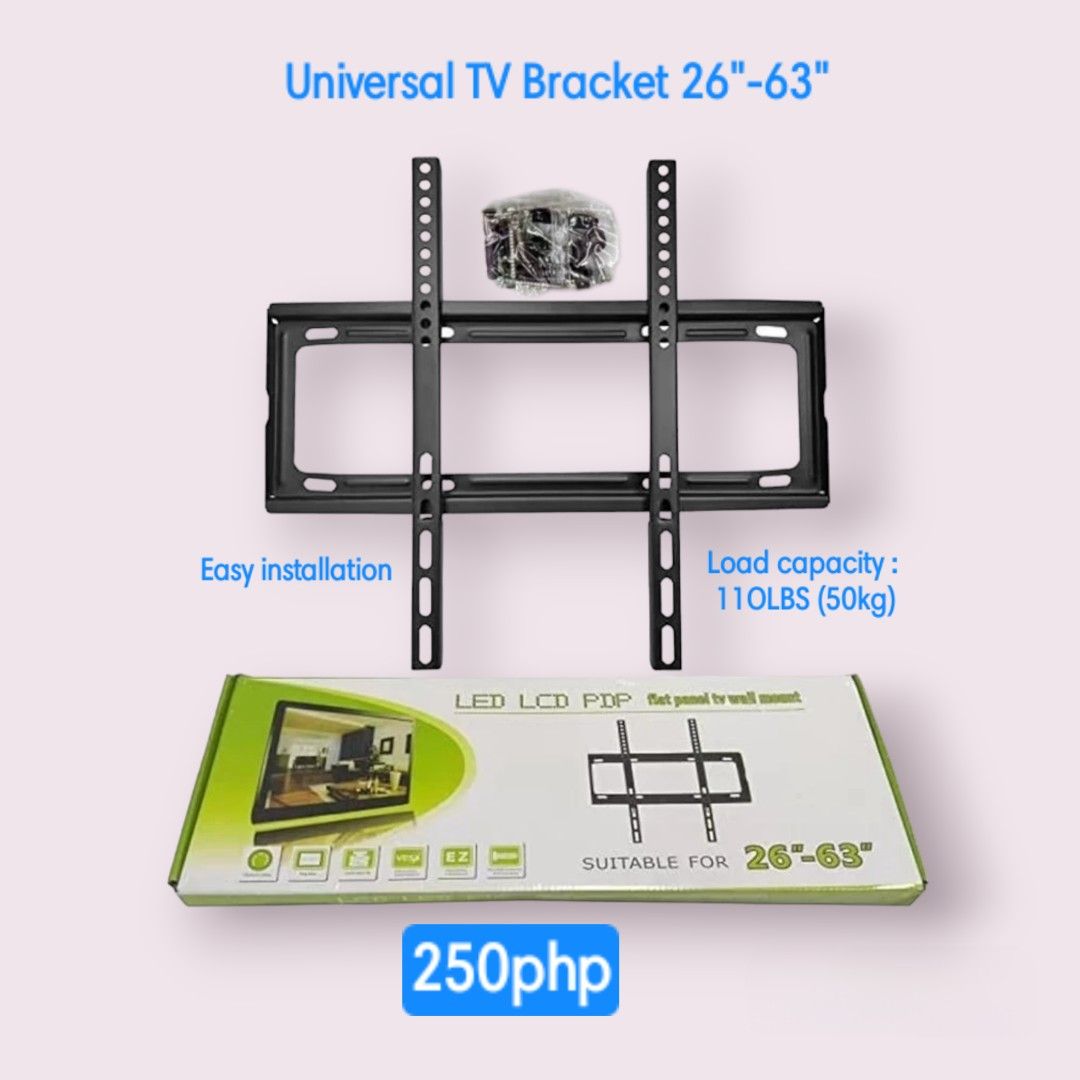 Universal TV Bracket 26"-63" (Category: TV) located in Marikina City. Submitted by andreah2931 (Listing ID 1318223652, Image 1). Description: Universal TV WALL BRACKET Easy installation SMALL (14"x42") - 150 BIG (26"x63") -250 Madaming stocks Pick up Location: sto.niño marikina Delivery: lalamove,grab,move it Mode of payment: gcash,bpi.