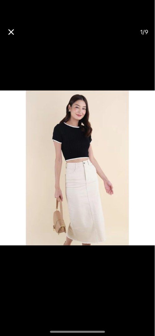 Khaki denim midi skirt top