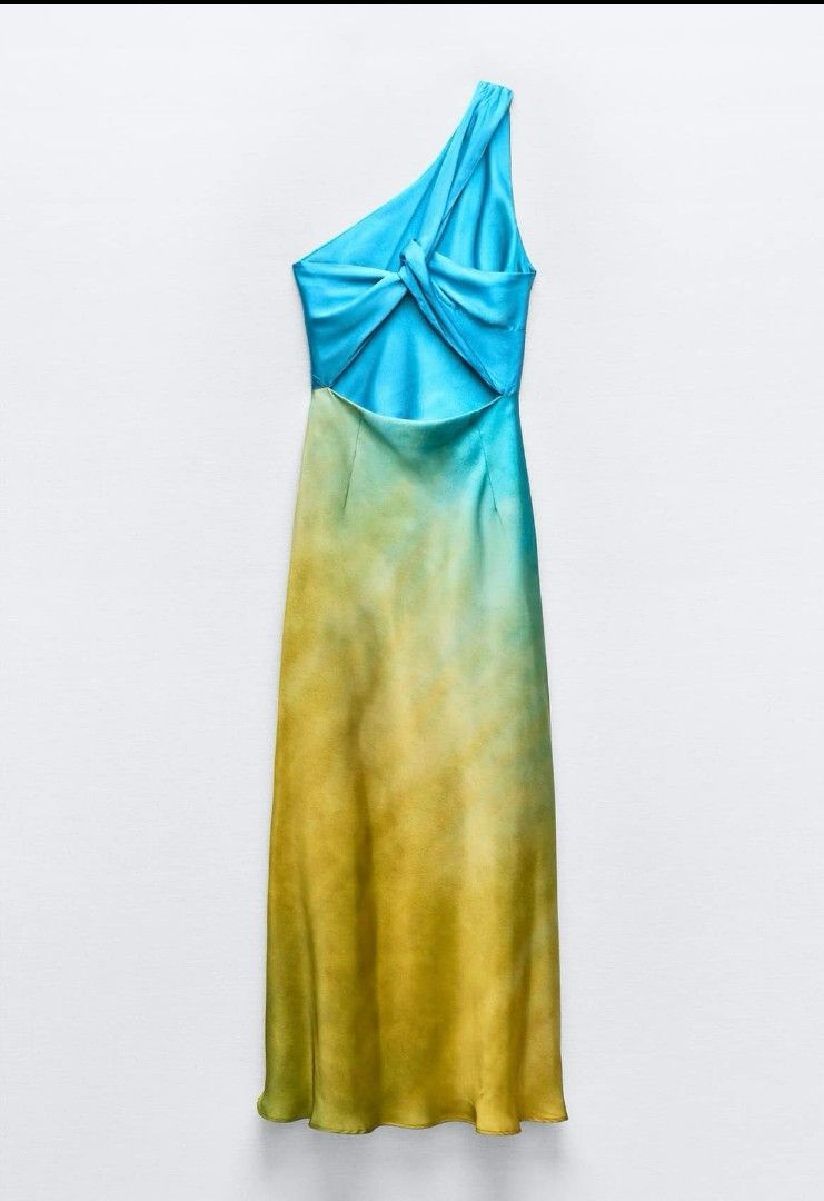 zara tie dye silk dress Silky Round Neck Cap Sleeve Tie Dye Printed Satin Midi Dress