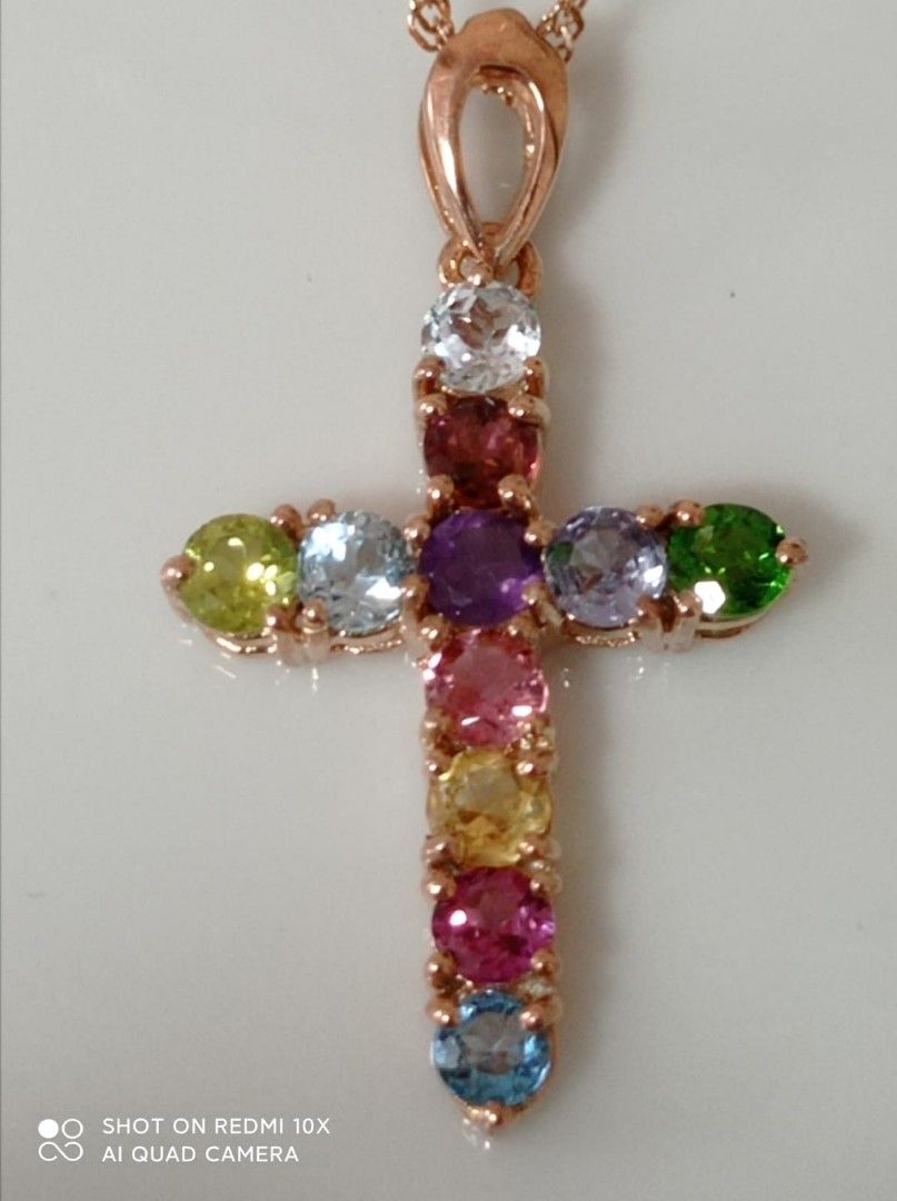 Multi Gemstone 18K Gold Over 925 Sterling Silver high quality Cross Pendant Necklace NIB