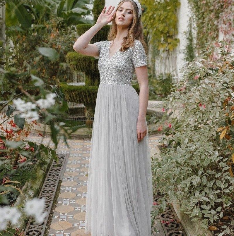 BN Maya Petite Bridesmaid v neck short sleeve sequin x tulle maxi dress in soft grey silver