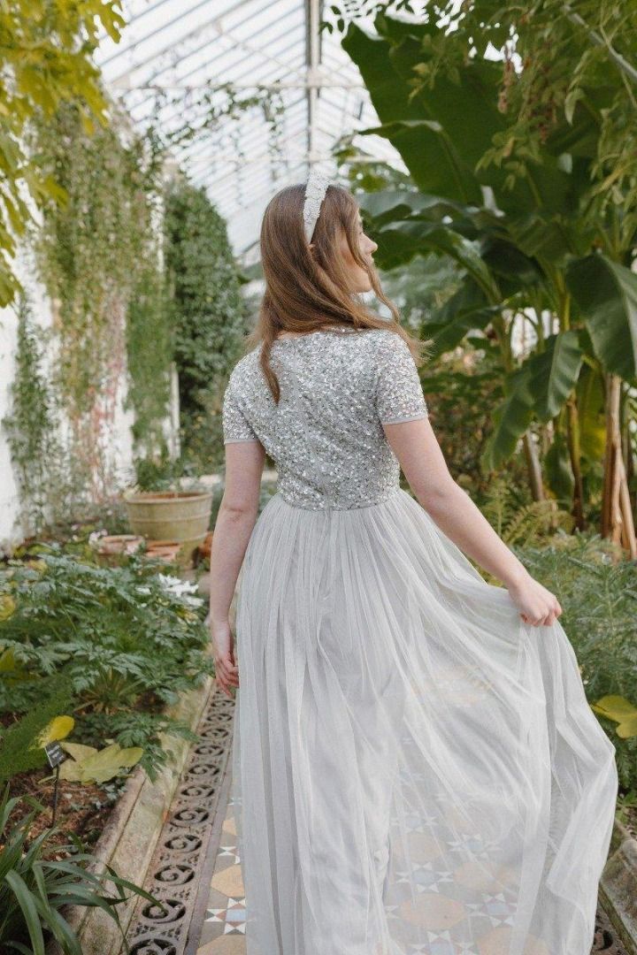 BN Maya Petite Bridesmaid v neck short sleeve sequin x tulle maxi dress in soft grey silver Women s Fashion Dresses Sets Evening dresses gowns on Carousell