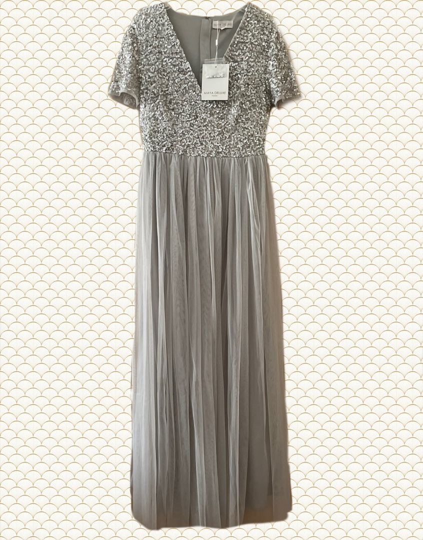 BN Maya Petite Bridesmaid v neck short sleeve sequin x tulle maxi dress in soft grey silver