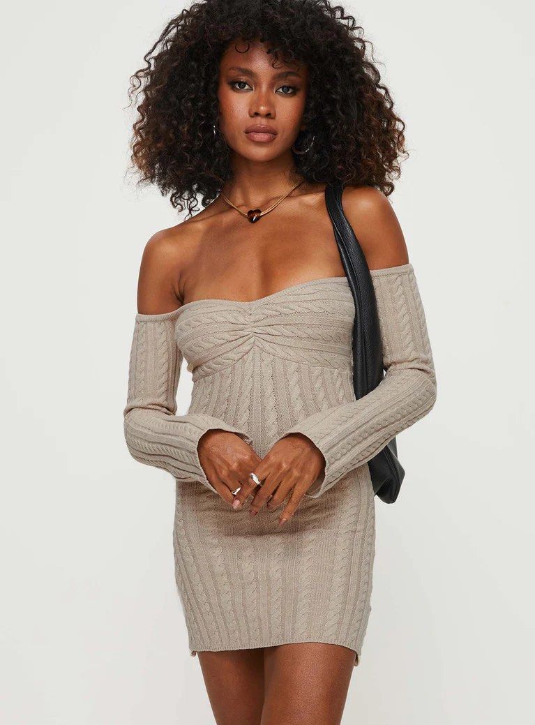 BNWT Princess Polly Off Shoulder Mini Knitted Dress in Beige, Women's  Fashion, Dresses & Sets, Dresses on Carousell