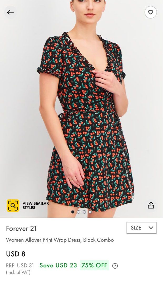DRESS BLACK N RED CHERRY FOREVER 21 WOMEN ALOVER PRINT WRAP DRESS WANITA CUTE