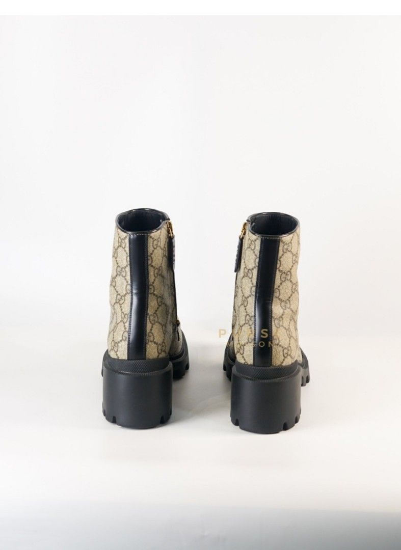 Gucci Magnum Calfskin Supreme Monogram Beige Ebony Ankle Boots Size 37EU