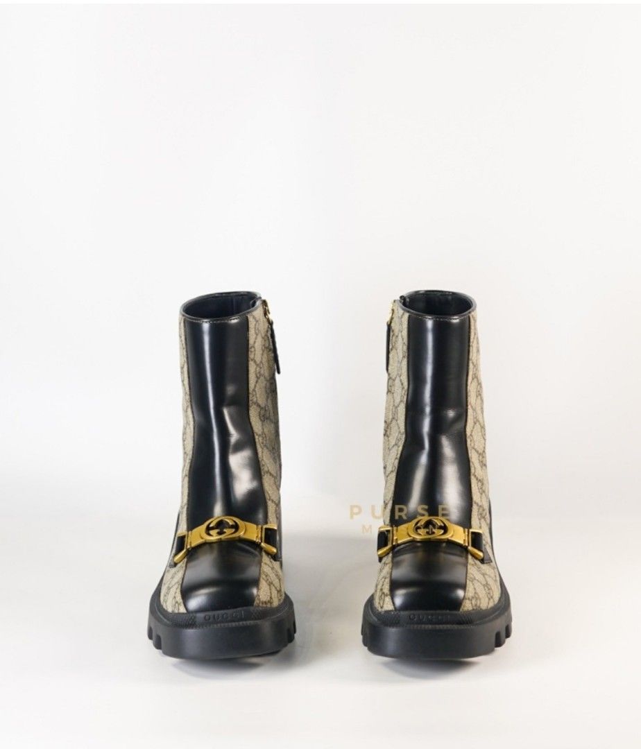 Gucci Magnum Calfskin Supreme Monogram Beige Ebony Ankle Boots Size 37EU