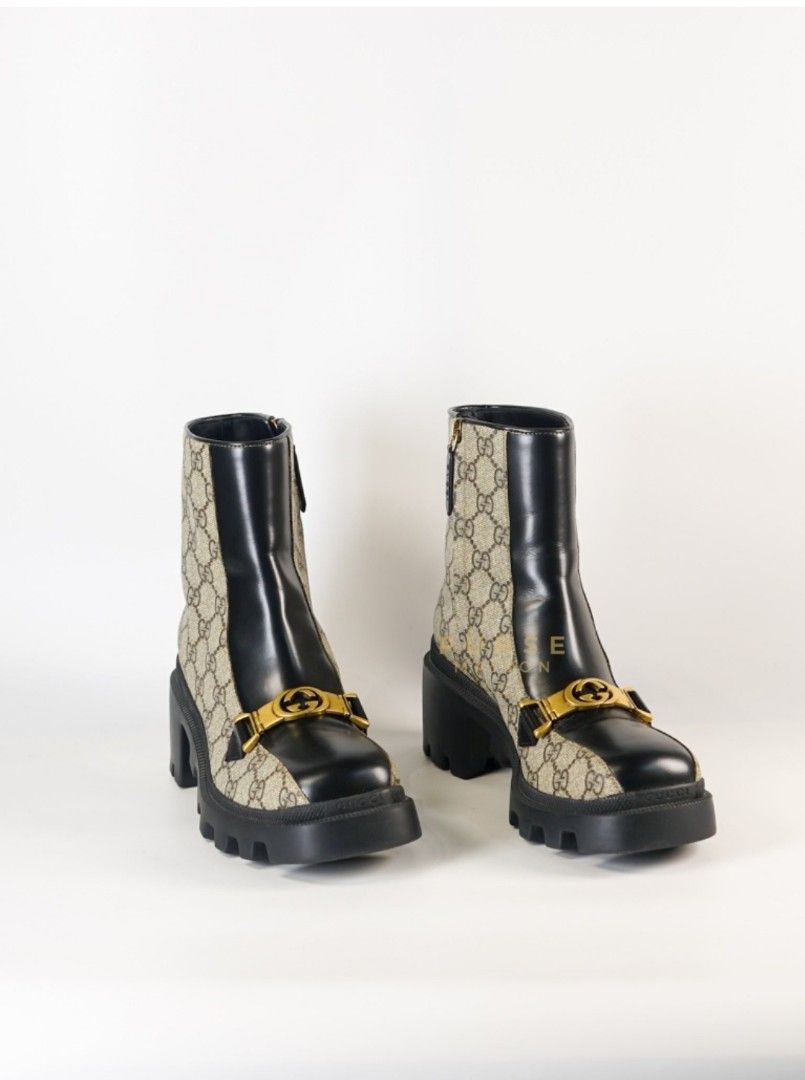 Gucci Magnum Calfskin Supreme Monogram Beige Ebony Ankle Boots Size 37EU