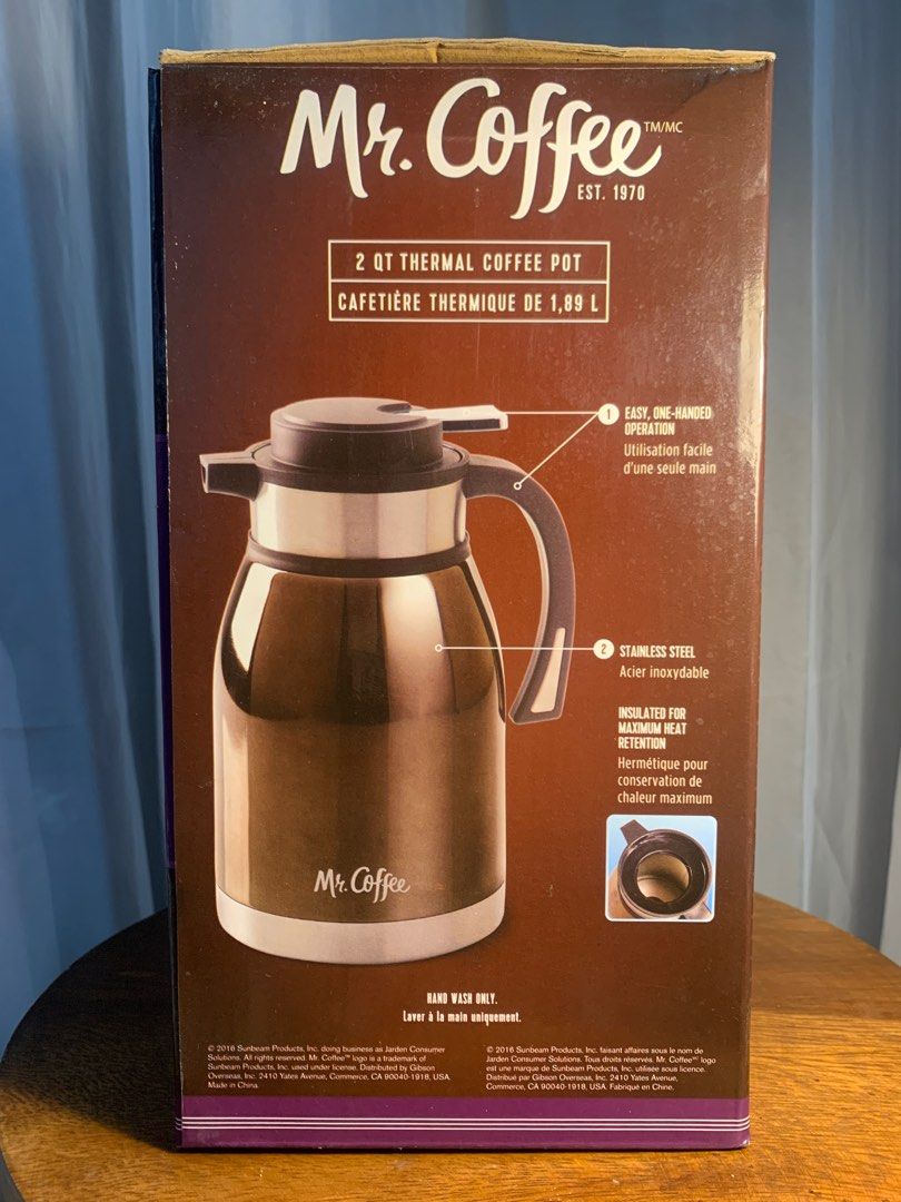 Mr. Coffee Thermal Coffee Pot (Category: Coffee Machines & Makers) located in Bacoor. Submitted by mydeclutt (Listing ID 1318381004, Image 2). Description: Never used but only stored Can hold 1.89L Needs cleaning.