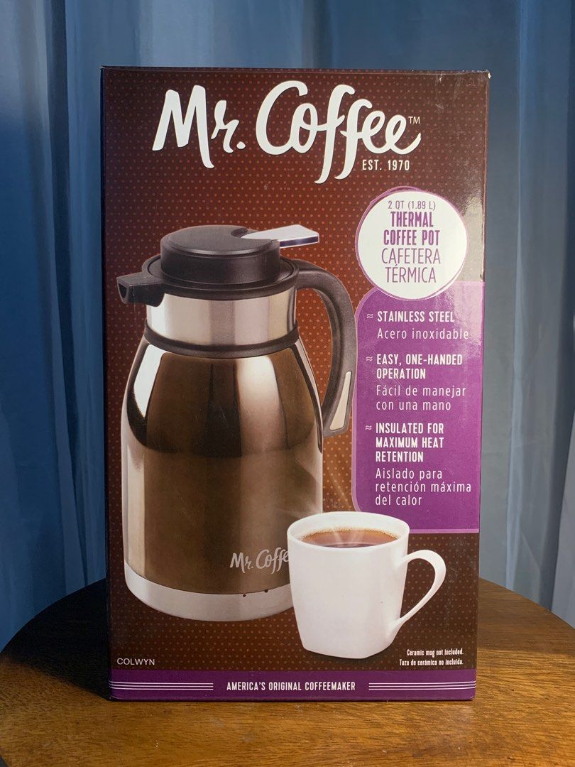 Mr. Coffee Thermal Coffee Pot (Category: Coffee Machines & Makers) located in Bacoor. Submitted by mydeclutt (Listing ID 1318381004, Image 1). Description: Never used but only stored Can hold 1.89L Needs cleaning.