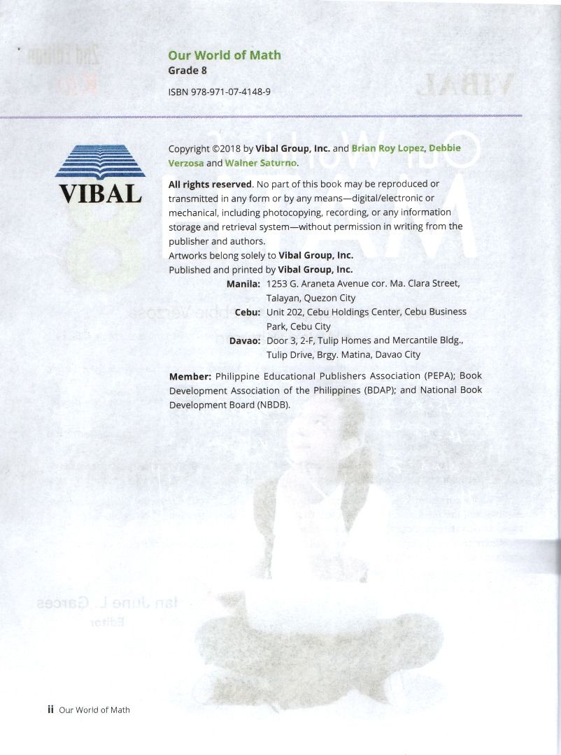Our World of Math 8 2nd edition (Category: Textbooks) located in Valenzuela. Submitted by nkcm1 (Listing ID 1318343657, Image 2). Description: Our World Of Math 8 2nd Edition Vibal Group, Inc. Copyright ©2018 Pre-owned, Actual book picture Has some ballpen answers and checks up to page 29 (a page before chapter 1 ender) pm for additional inquiries.