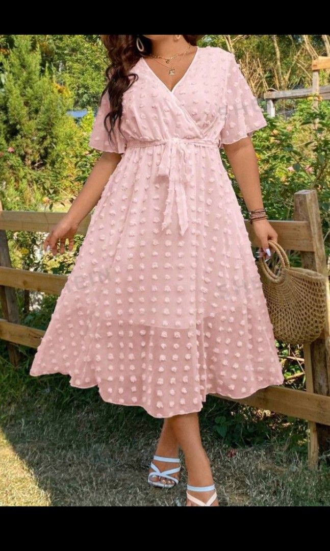 Shein new curve dress baby pink polkadot cute bigsize jumbo plussize plus  size no belt
