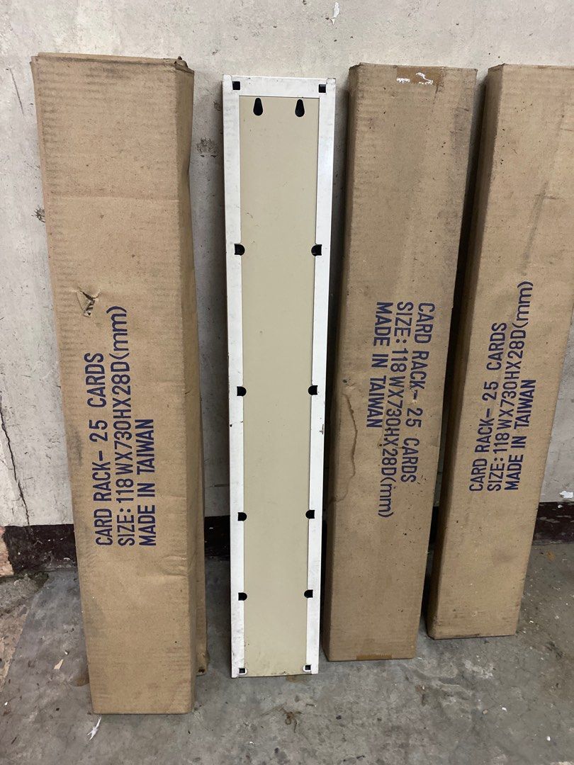 Time card rack -25 cards, 5 racks (Category: Stationery & School Supplies) located in Valenzuela. Submitted by cletini (Listing ID 1318271696, Image 3). Description: Sold as a set 118mm x 730mm x 28mm 1- without carton 4- with carton 5 all.