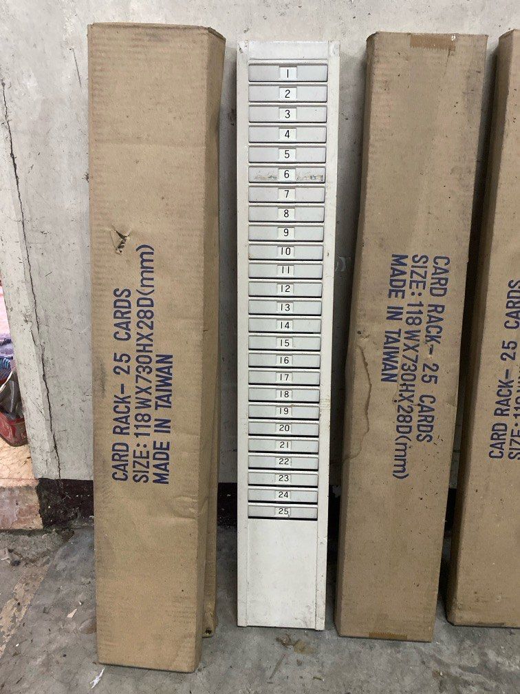 Time card rack -25 cards, 5 racks (Category: Stationery & School Supplies) located in Valenzuela. Submitted by cletini (Listing ID 1318271696, Image 1). Description: Sold as a set 118mm x 730mm x 28mm 1- without carton 4- with carton 5 all.