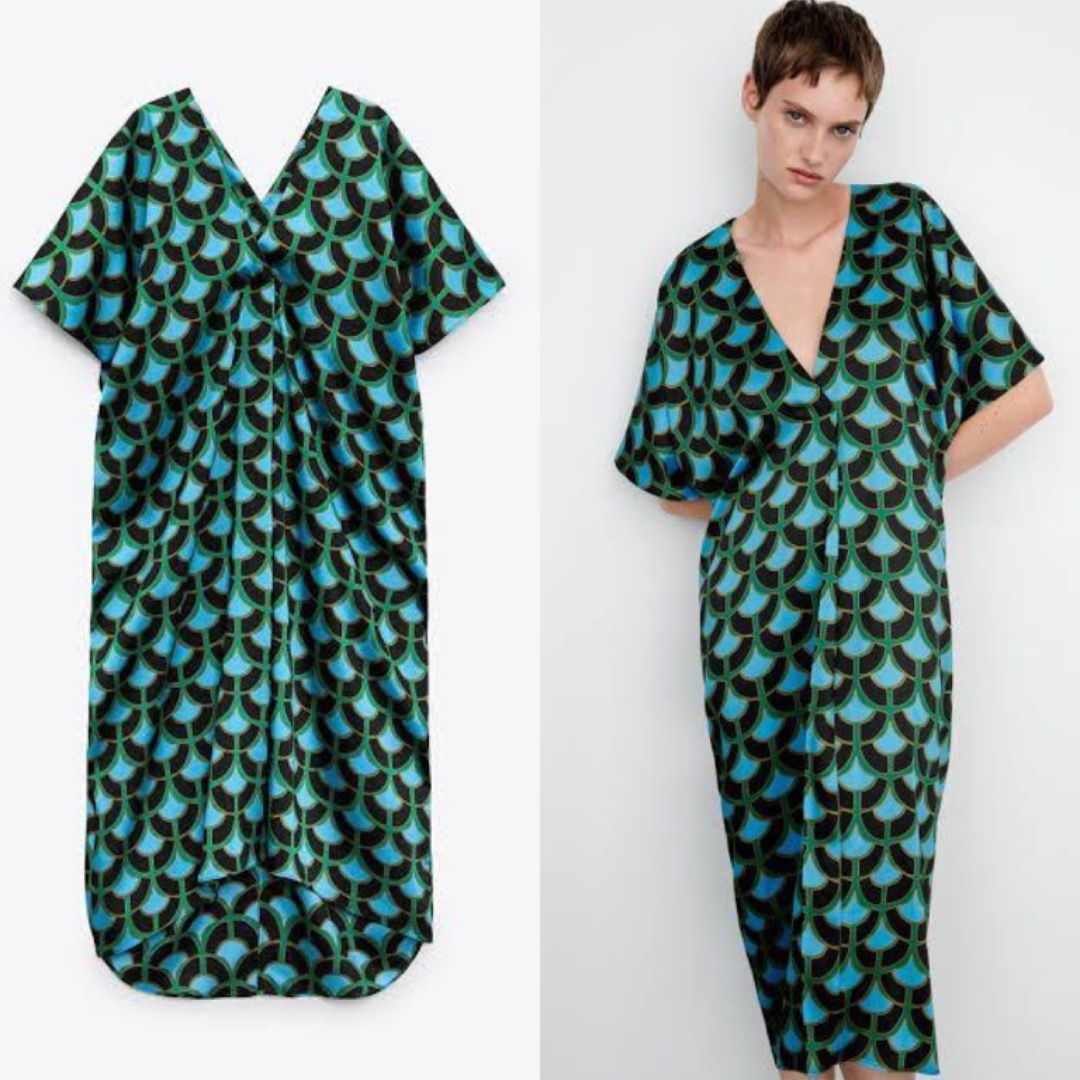 Zara Green Blue Geometric Print Satin Kaftan Tunic Midi Dress BNWOT,  Women's Fashion, Dresses & Sets, Dresses on Carousell