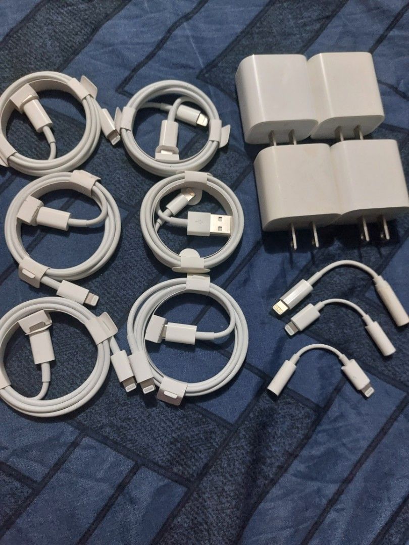Apple adapter & cablewire (Category: Chargers & Cables) located in Quezon City. Submitted by cae03 (Listing ID 1318580811, Image 1). Description: Orig Apple Type C cable unused from units 6 pcs - 500 each Orig 20w Adapter used - 400 each Orig Apple lightning adapter to 3.5mm jack - 300 each Cable and adapter bundle - 800.